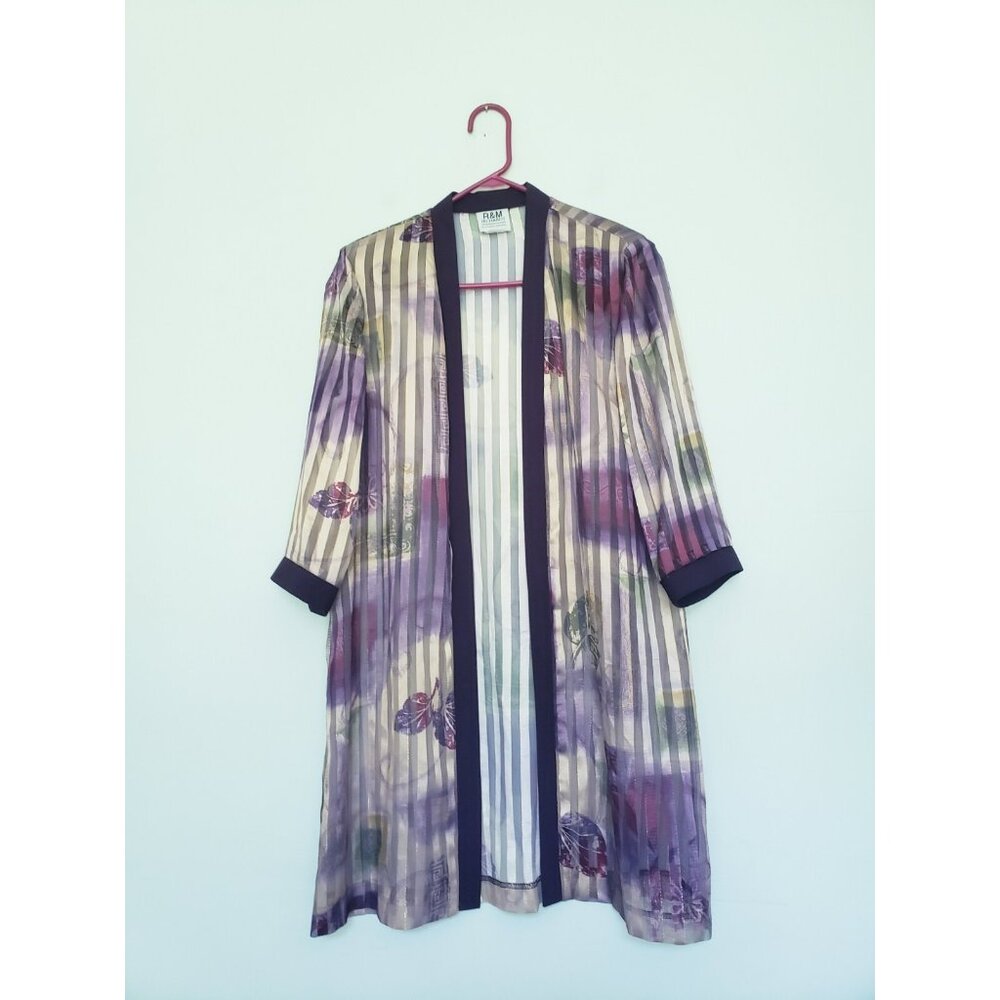 Vtg R&M Richards Womens 10 Duster Open Front Sheer Stripe Purple Floral Metallic